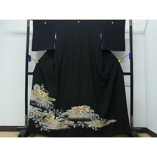 平和屋1■豪華黒留袖　駒刺繍　地紙吉祥花文　暈し染め　金彩　逸品　CAAB7862ch(着物)