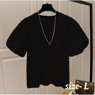 バルーン袖Tシャツ　半袖　パフスリーブ　レディース　黒　無地　ボリューム袖　綿(Tシャツ(半袖/袖なし))