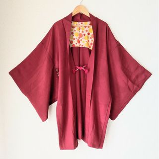 ヴィンテージ(VINTAGE)の長羽織 HAORI 正絹 赤系 裏地が可愛い 大正浪漫 和洋折衷コーデ 和柄(着物)