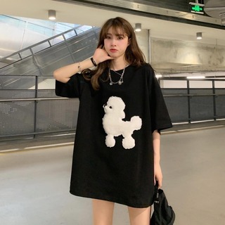 ビッグTシャツ 犬 プードル 可愛い ゆったり シンプル 大きめ 韓国 黒 XL(Tシャツ(半袖/袖なし))