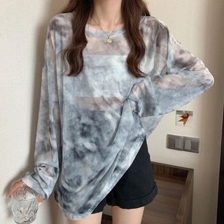 【レア】春 Tシャツ グレー ロンT チュニック シースルー  ビッグサイズ M(カットソー(半袖/袖なし))