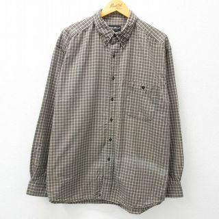 エディーバウアー(Eddie Bauer)のXL★古着 エディーバウアー 長袖 ブランド シャツ メンズ 00年代 00s ロング丈 コットン ボタンダウン ベージュ他 カーキ チェック 24jun07 中古 トップス(シャツ)