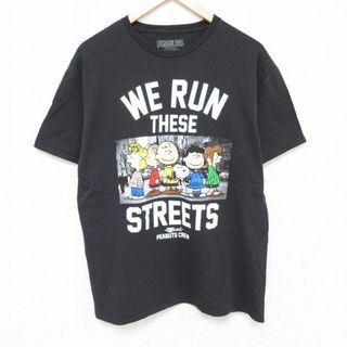 スヌーピー(SNOOPY)のL★古着 半袖 Tシャツ メンズ ピーナッツ スヌーピー SNOOPY チャーリーブラウン コットン クルーネック 黒 ブラック 24jun07 中古(Tシャツ/カットソー(半袖/袖なし))