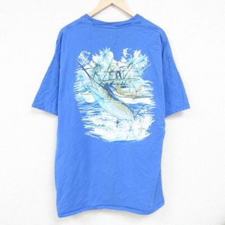 XL★古着 半袖 Tシャツ メンズ カジキ 胸ポケット付き 大きいサイズ ロング丈 コットン クルーネック 薄紺 ネイビー 24jun07 中古(Tシャツ/カットソー(半袖/袖なし))