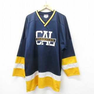 XL★古着 長袖 ビンテージ Tシャツ アイスホッケー ジャージ メンズ 90年代 90s CAL 大きいサイズ ロング丈 メッシュ地 Vネック USA製 紺 ネイビー ゲームシャツ ユニフォーム 【spe】 24jun07 中古(Tシャツ/カットソー(半袖/袖なし))