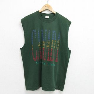 XL★古着 ノースリーブ ビンテージ Tシャツ メンズ 90年代 90s ナイアガラの滝 コットン クルーネック カナダ製 緑 グリーン 24jun07 中古(タンクトップ)