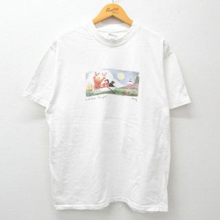 ヘインズ(Hanes)のL★古着 ヘインズ Hanes 半袖 ビンテージ Tシャツ メンズ 90年代 90s ロブスター 月 コットン クルーネック 白 ホワイト 24jun07 中古(Tシャツ/カットソー(半袖/袖なし))