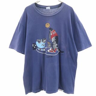 クレイジーシャツ 90s USA製 オールド カルバンキャット プリント 半袖 Tシャツ L ブルー Crazy Shirt メンズ(Tシャツ/カットソー(半袖/袖なし))