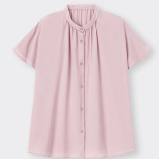ジーユー(GU)のGU ピンク　大きいサイズ　ドレープバンドカラーシャツ〔半袖〕　XXL(シャツ/ブラウス(半袖/袖なし))