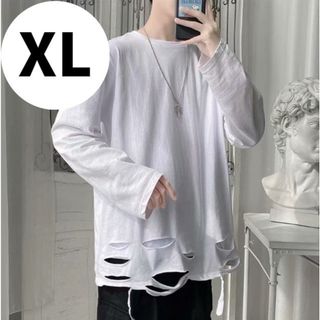 【大人気♪】メンズ　長袖　Tシャツ　XL　ホワイト　白　ダメージ加工　シンプル(Tシャツ/カットソー(七分/長袖))