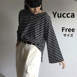 【新品】Yucca ユッカ ボーダーフレアスリーブTシャツ カットソーブラック(カットソー(長袖/七分))