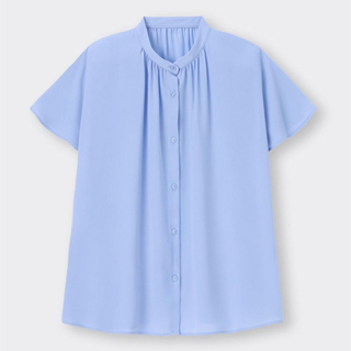 ジーユー(GU)のGU ブルー　ドレープバンドカラーシャツ〔半袖〕　XL(シャツ/ブラウス(半袖/袖なし))