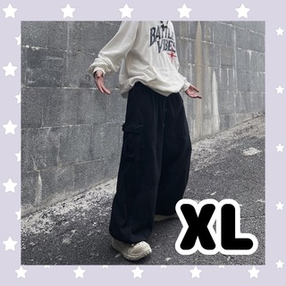 【大人気】 カーゴ　ワイドパンツ　メンズ　XL　秋　ストリート　黒(ワークパンツ/カーゴパンツ)