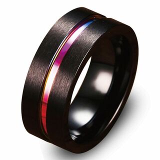 カラーラインリング ステンレス 太め 指輪 メンズ レインボー ブラック(リング(指輪))