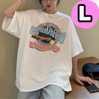 Tシャツ　ホワイト　ビッグ　車　ゆったり　体型カバー　ロゴ　韓国　原宿(Tシャツ(半袖/袖なし))