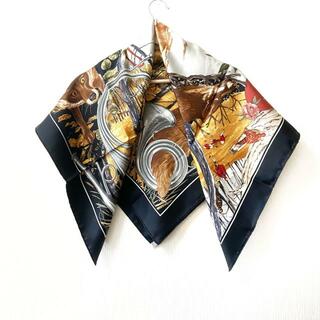 エルメス(Hermes)のHERMES(エルメス) スカーフ美品  カレ90 黒×ダークイエロー×マルチ CHASSE au BOIS(バンダナ/スカーフ)