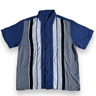 ヴィンテージ(VINTAGE)の90s 古着 キューバシャツ ストライプ マルチカラー シルク ネイビー(Tシャツ/カットソー(半袖/袖なし))