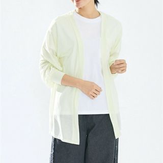 未使用 カーデガン レディース 前後差裾サイドスリット梨地  イエロー LL(カーディガン)