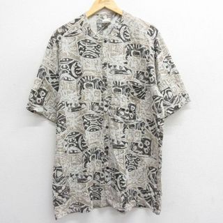 XL★古着 半袖 シャツ メンズ 90年代 90s 総柄 ロング丈 コットン ノーカラー USA製 ベージュ他 カーキ 24jun08 中古 トップス(シャツ)