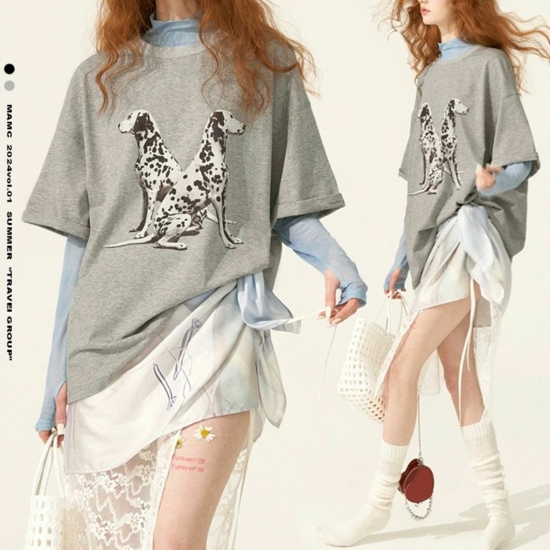 THEATRE PRODUCTS - MAMC ダルメシアン ビッグTシャツ 5分袖 コットン グレー ブラック