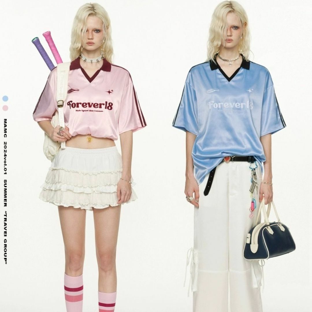 AURALEE - MAMC スポーティー ポロ Tシャツ サテン ジャージ ブルー ピンク