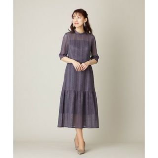 美品】Aimer 総ラッセルストライプレース7分袖ドレス スカイ 美品】Aimer 総ラッセルストライプレース7分袖ドレス スカイ