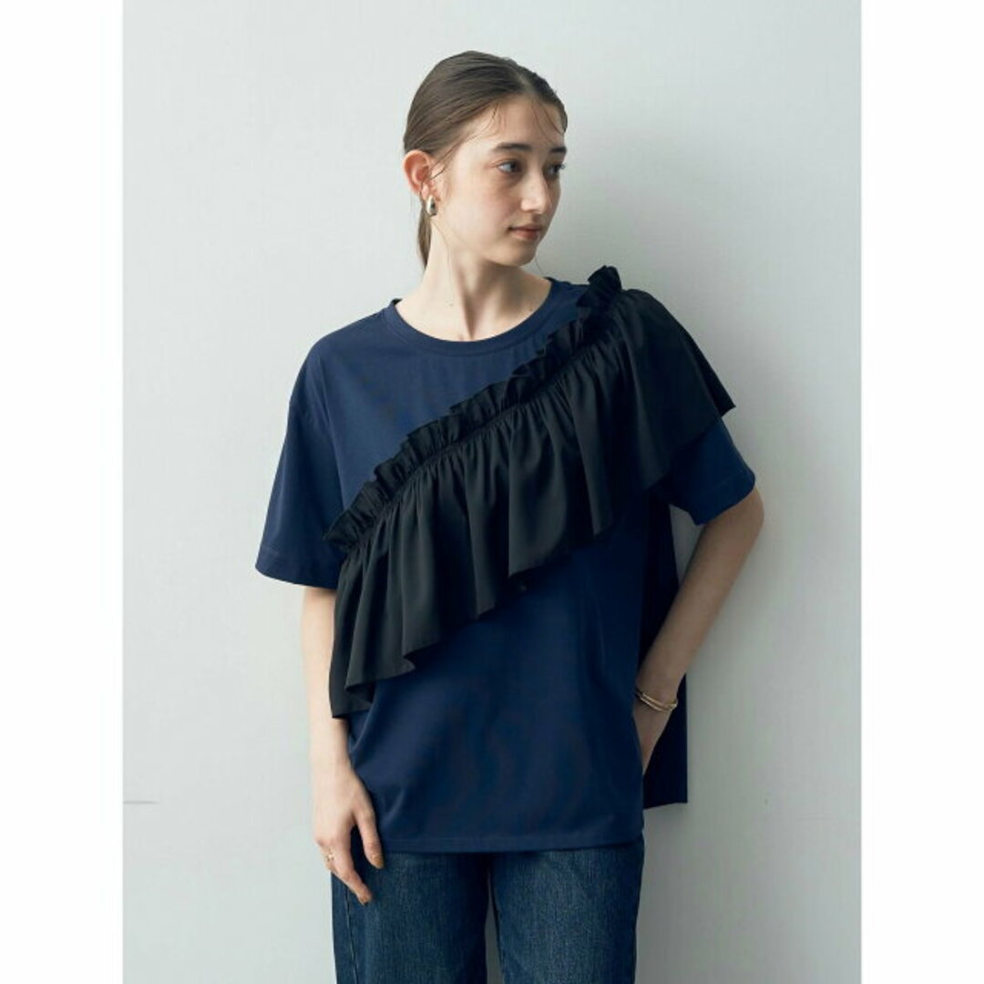 YECCA VECCA(イェッカヴェッカ)の【ネイビー】ラッフルデザインドロストアシメTee レディースのトップス(カットソー(長袖/七分))の商品写真