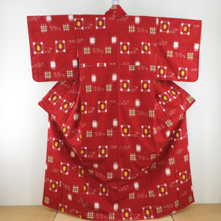 紬 着物 井桁絣 赤色 袷 広衿 正絹 カジュアル着物 仕立て上がり 身丈162cm(着物)