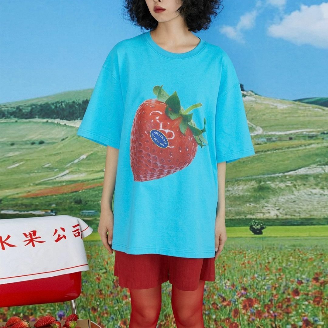 AURALEE - Physical Boy イチゴ柄 ブルー ビッグ Tシャツ ユニセックス