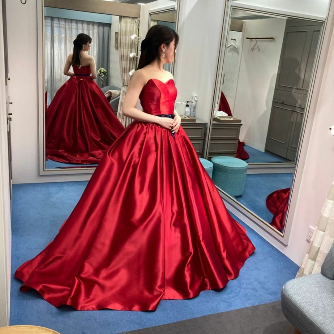 高品質！パーティードレス 赤 光沢サテン ベアトップ ベルト 結婚式/披露宴