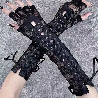 新品 ロング グローブ 編み上げ 黒 レース 日焼け ロリータ ゴスロリ お洒落(手袋)