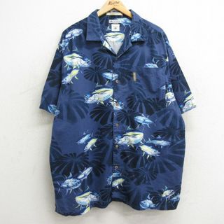 コロンビア(Columbia)のXL★古着 コロンビア COLUMBIA 半袖 ハワイアン シャツ メンズ 00年代 00s 魚 総柄 大きいサイズ 開襟 オープンカラー 紺他 ネイビー 24jun11 中古 アロハ トップス(シャツ)