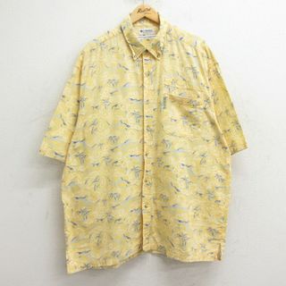 コロンビア(Columbia)のXL★古着 コロンビア COLUMBIA 半袖 ハワイアン シャツ メンズ 00年代 00s サメ ヤシの木 総柄 大きいサイズ ロング丈 コットン ボタンダウン 黄他 イエロー 24jun11 中古 アロハ トップス(シャツ)