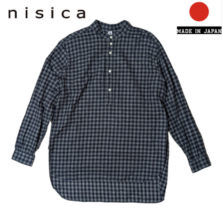 nisica ネイビー チェック ノーカラ― 長袖シャツ(シャツ)