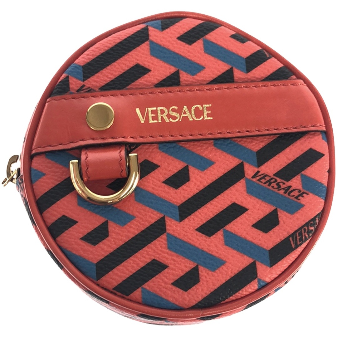 VERSACE ヴェルサーチ ラ グレカ ラウンドレザーポーチ レッド VERSACE ヴェルサーチ ラ グレカ ラウンドレザーポーチ レッド