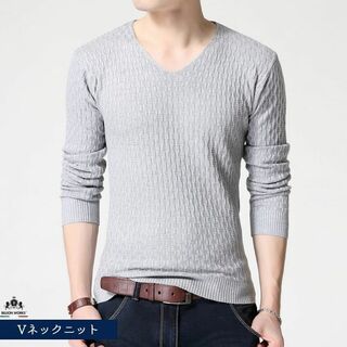 Vネックニット カットソー メンズ ロングTシャツ Vネック セーター M(ニット/セーター)