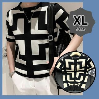 大人気 幾何学 バイカラー ニットＴシャツ XLメンズ かっこいい カットソー(Tシャツ/カットソー(半袖/袖なし))