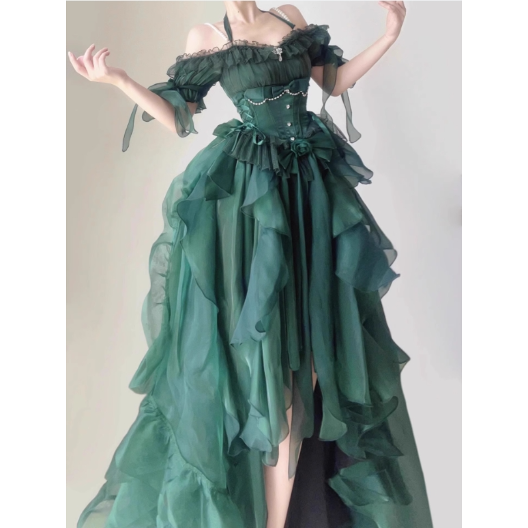 【新品未使用】「鳴谷」ワンピース　ロリータドレス グリーン イエロー lolita 洋服 お姫風 花嫁 ワンピース ロリータ グリーン L50#の
