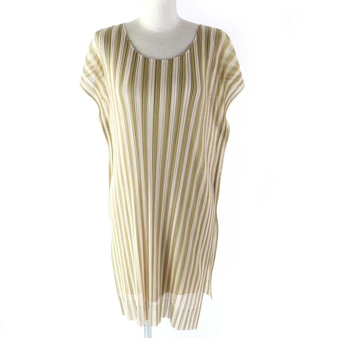 極美品△PLEATS PLEASE プリーツプリーズ イッセイミヤケ PP41-JT677 ストライプ柄 レイヤードデザイン フレンチスリーブ ワンピース ベージュ ホワイト系 4 日本製 正規品 レディース