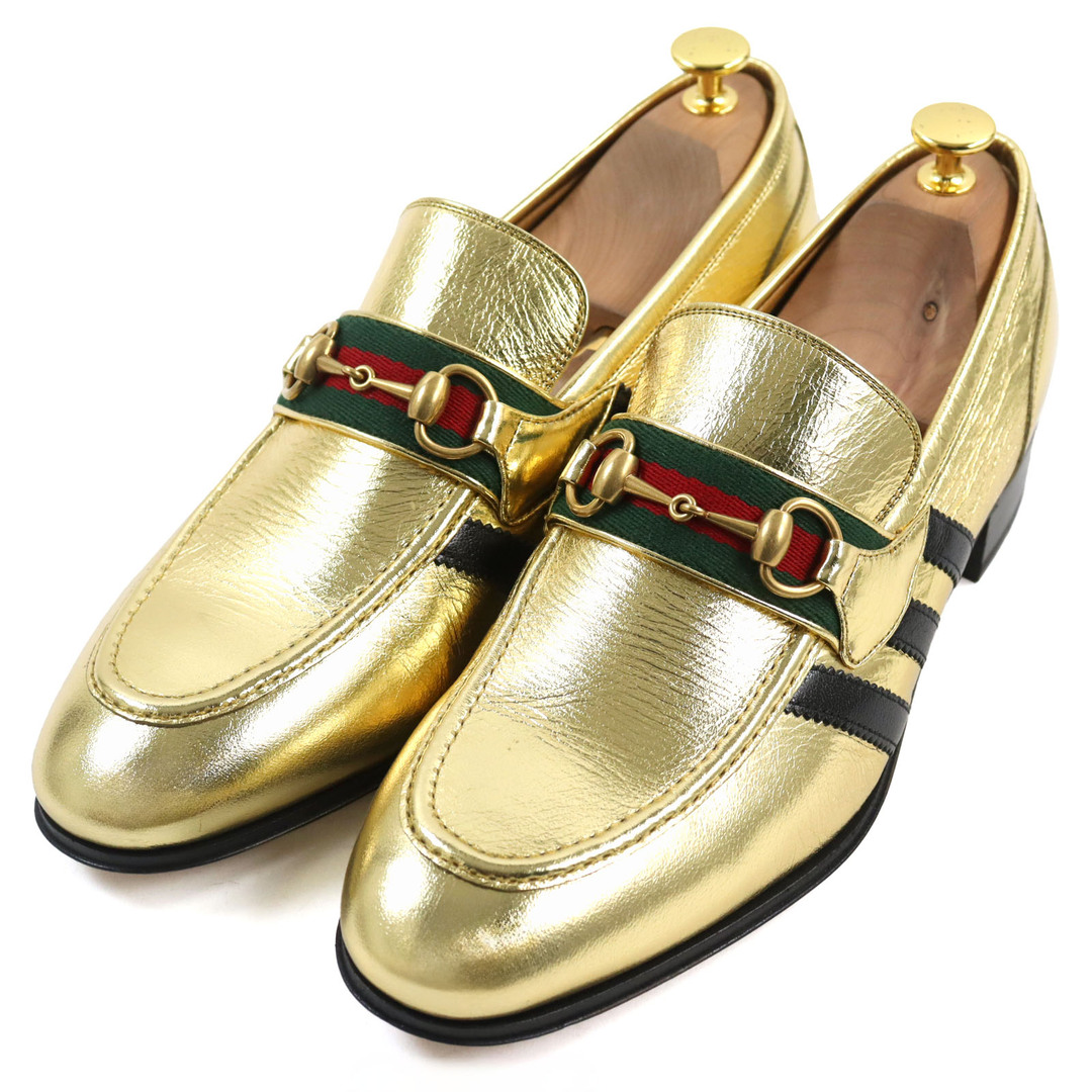 GUCCI - 【ドンドン見直し】未使用品○GUCCI グッチ adidas アディダス 702283 メタリックレザー シェリーライン 3ストライプ トレフォイル ホースビット ローファー ゴールド ブラック 8.5 箱・保存袋付き イタリア製 メンズ