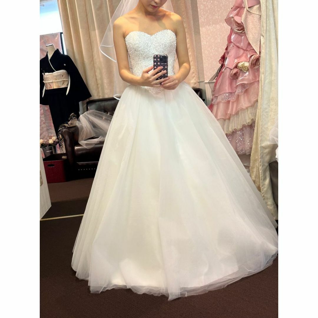 美品！ウェディングドレス キラキラチュール ベアトップ 編み上げ 結婚式/披露宴