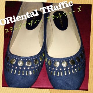 オリエンタルトラフィック(ORiental TRaffic)のSALE!スタッズ★ネイビー★ぺたんこ(ハイヒール/パンプス)