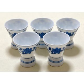 陶磁器　和食器　染付花柄　超薄盃5客　酒器(アルコールグッズ)