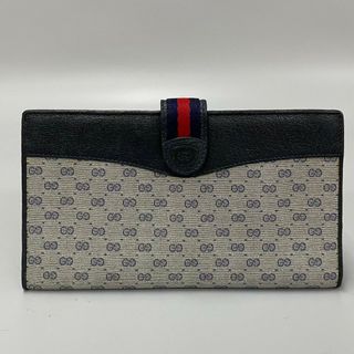 グッチ(GUCCI)の美品 GUCCI グッチ オールドグッチ シェリーライン マイクロGG ロゴ 柄 レザー 本革 二つ折り 長財布 ウォレット ネイビー 33174(財布)
