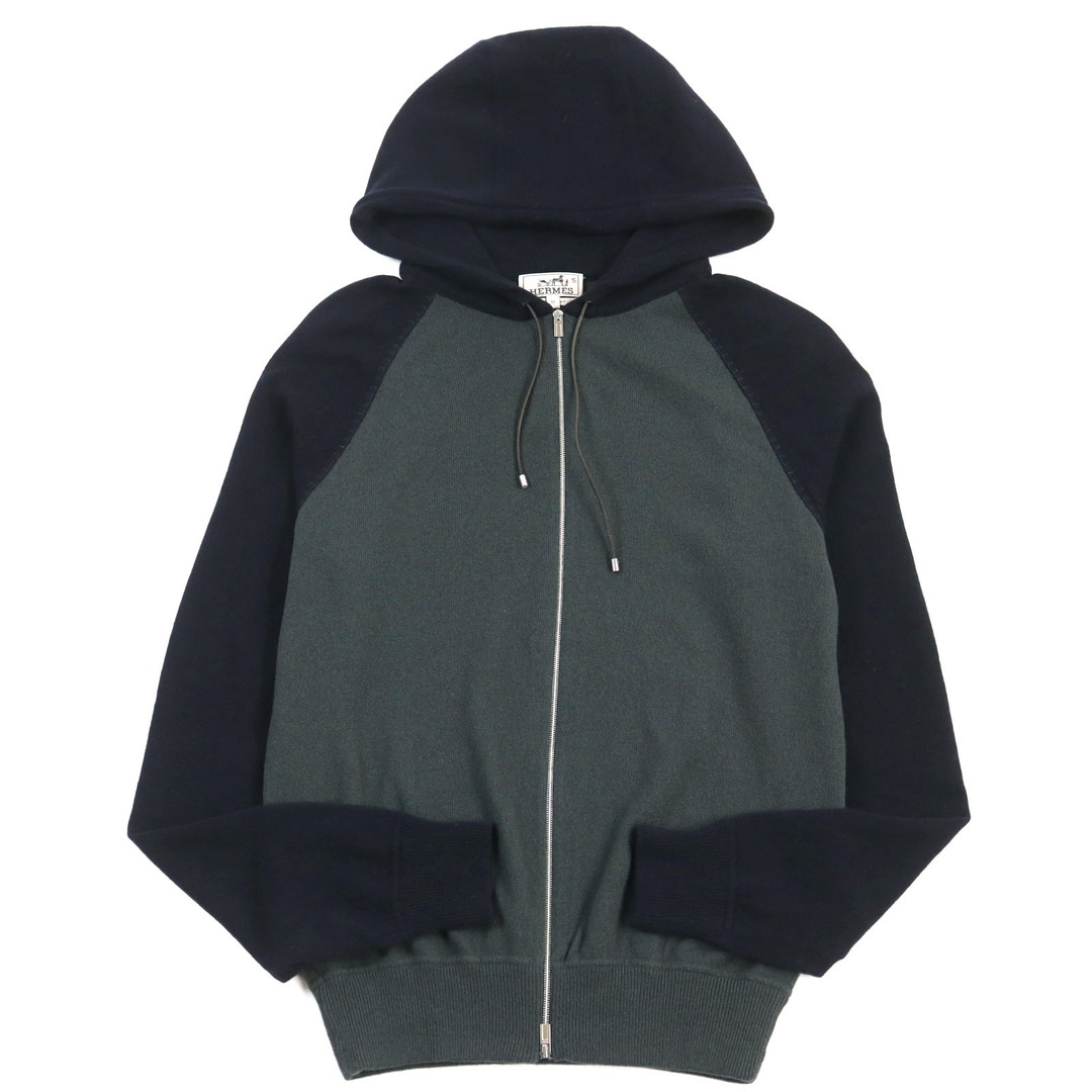 HERMES - 美品○HERMES エルメス カシミヤ混 ロゴ金具 Hステッチ レザー使い ラグランスリーブ バイカラー ウールジップアップパーカー/フ―ディー グリーン ネイビー M イタリア製 正規品 メンズ