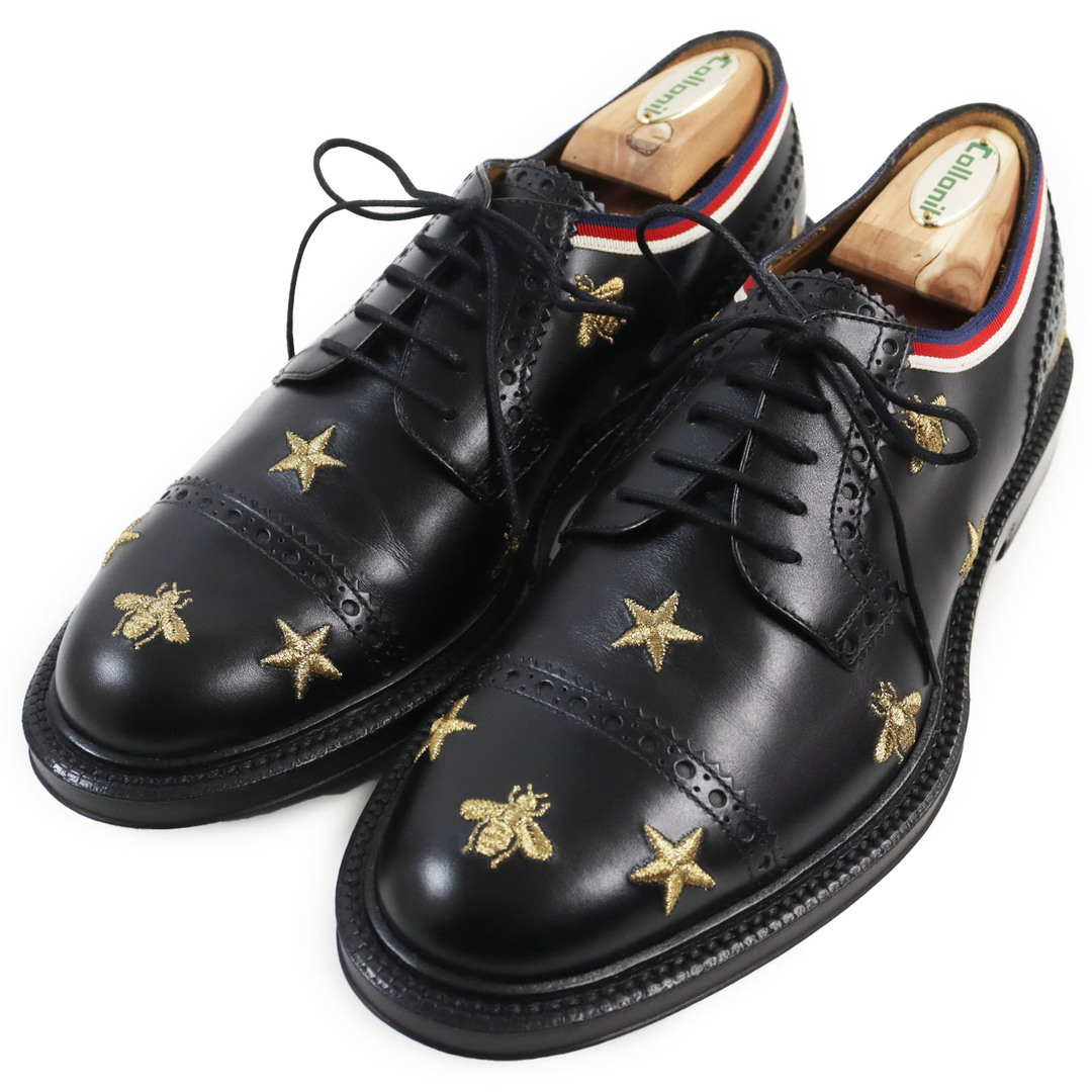 GUCCI - 未使用品●GUCCI グッチ 496259 Bee・スターエンブロイダリー パンチドキャップトゥ レザーシューズ ブラック 6.5 箱・保存袋付き イタリア製 メンズ 定価173,000円