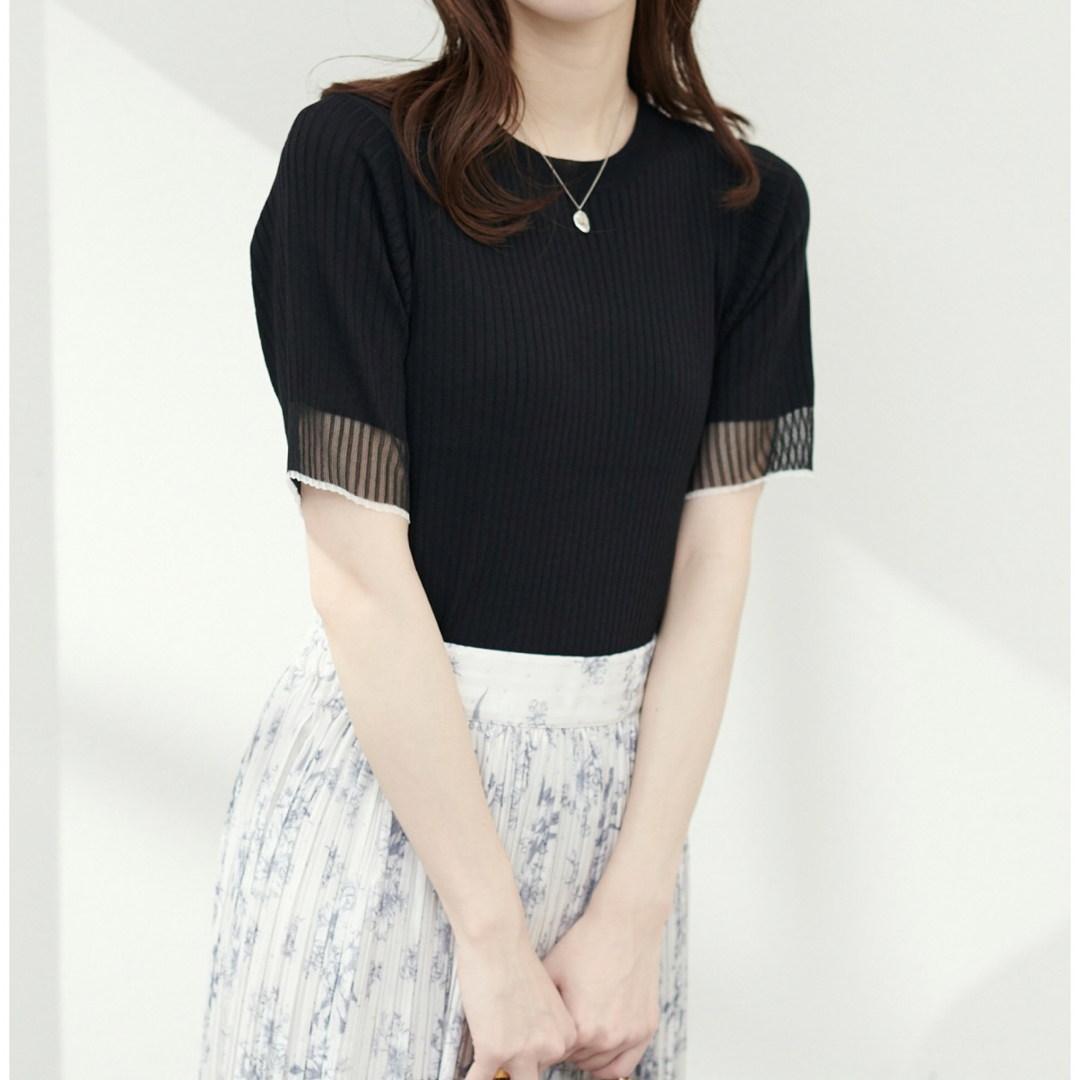natural couture(ナチュラルクチュール)の袖口シアー強撚リブニット レディースのトップス(カットソー(半袖/袖なし))の商品写真