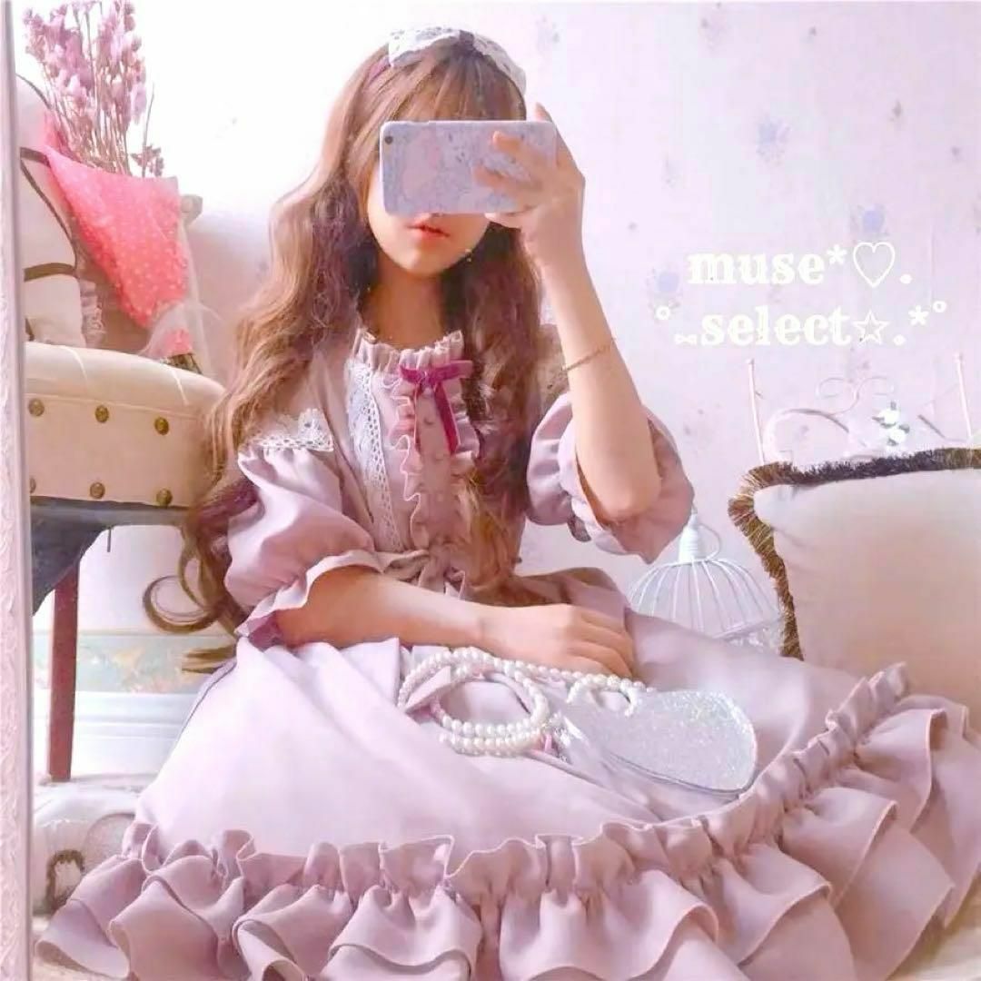 ロリータワンピース ドレス くすみピンク 白 姫系 レース ロリータワンピース ドレス くすみピンク 白 姫系 レース