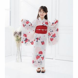 新品 浴衣 ゆかた セット 浴衣セット キッズ 白 花 150 Y4-94(甚平/浴衣)