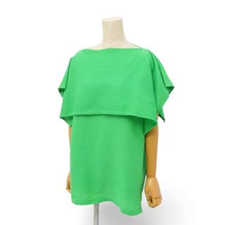 ■美品■ISSEY MIYAKE イッセイミヤケ ブラウス サイズ2 シワ加工 シャツ ビッグカラー 楊柳プリーツ 半袖 グリーン ブランド古着【中古】20240513/GP7903